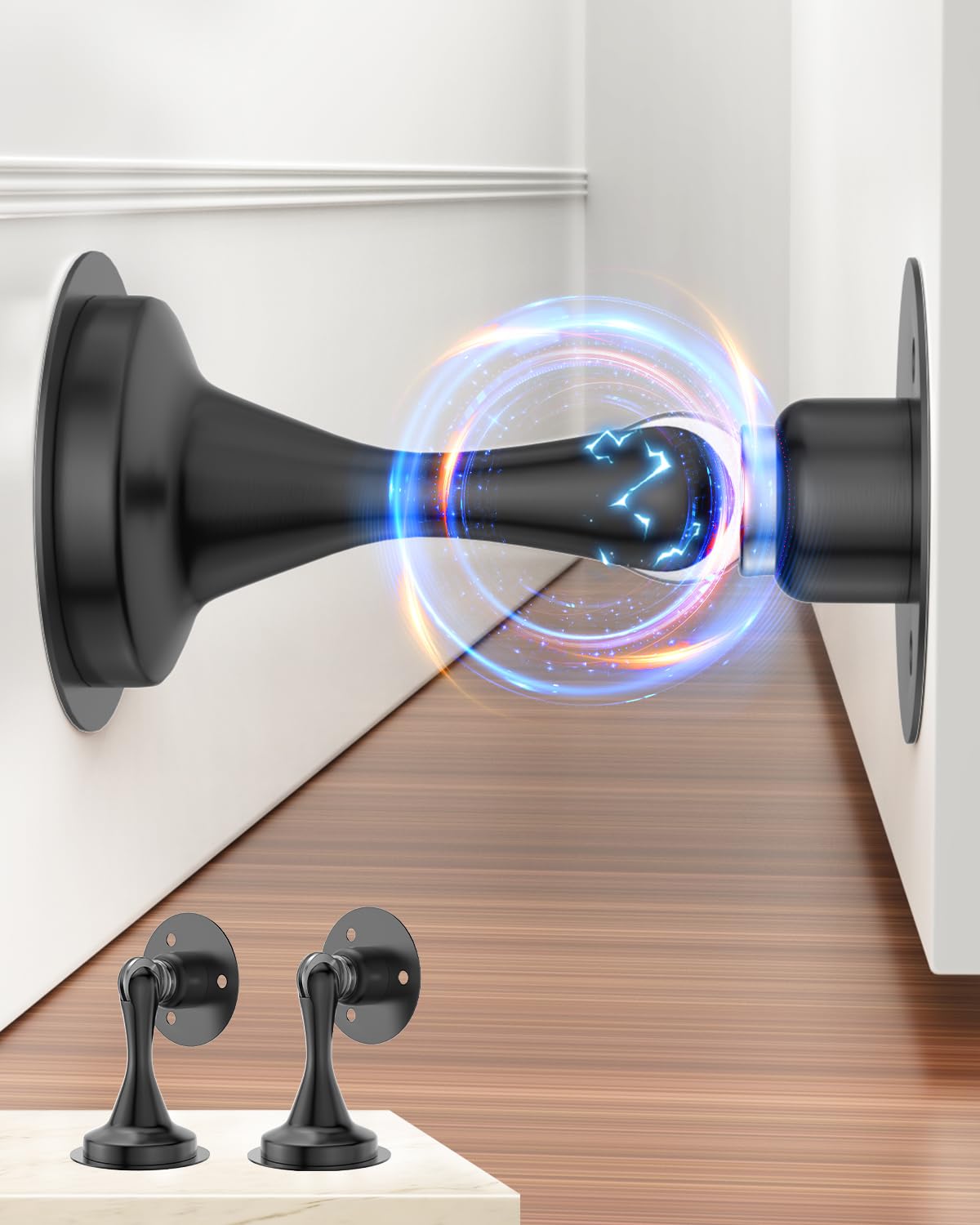 Door Stoppers Door Catch - 2 Pack Stainless Steel Heavy Duty Door Holder Stops for Bottom Top of Door - Wall Floor Mounting No Drill Adhesive & Screws Strong Keep Door Open(Black)