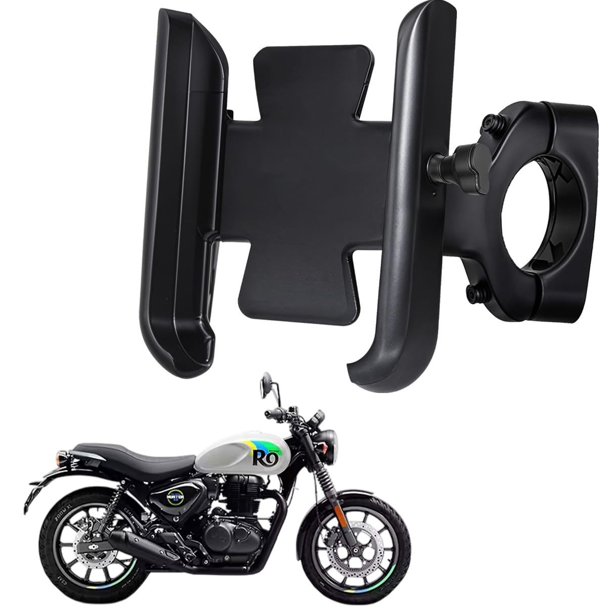 WHIPONE CNC Metal Bike Mobile Holder Compatible for Royal Enfield Hunter 350, 360° Rotation Phone Mount Cradle for Bicycle & Motorcycle, Handlebar for All Smartphones, Anti-Slip, Full Grip (Black)-image-39