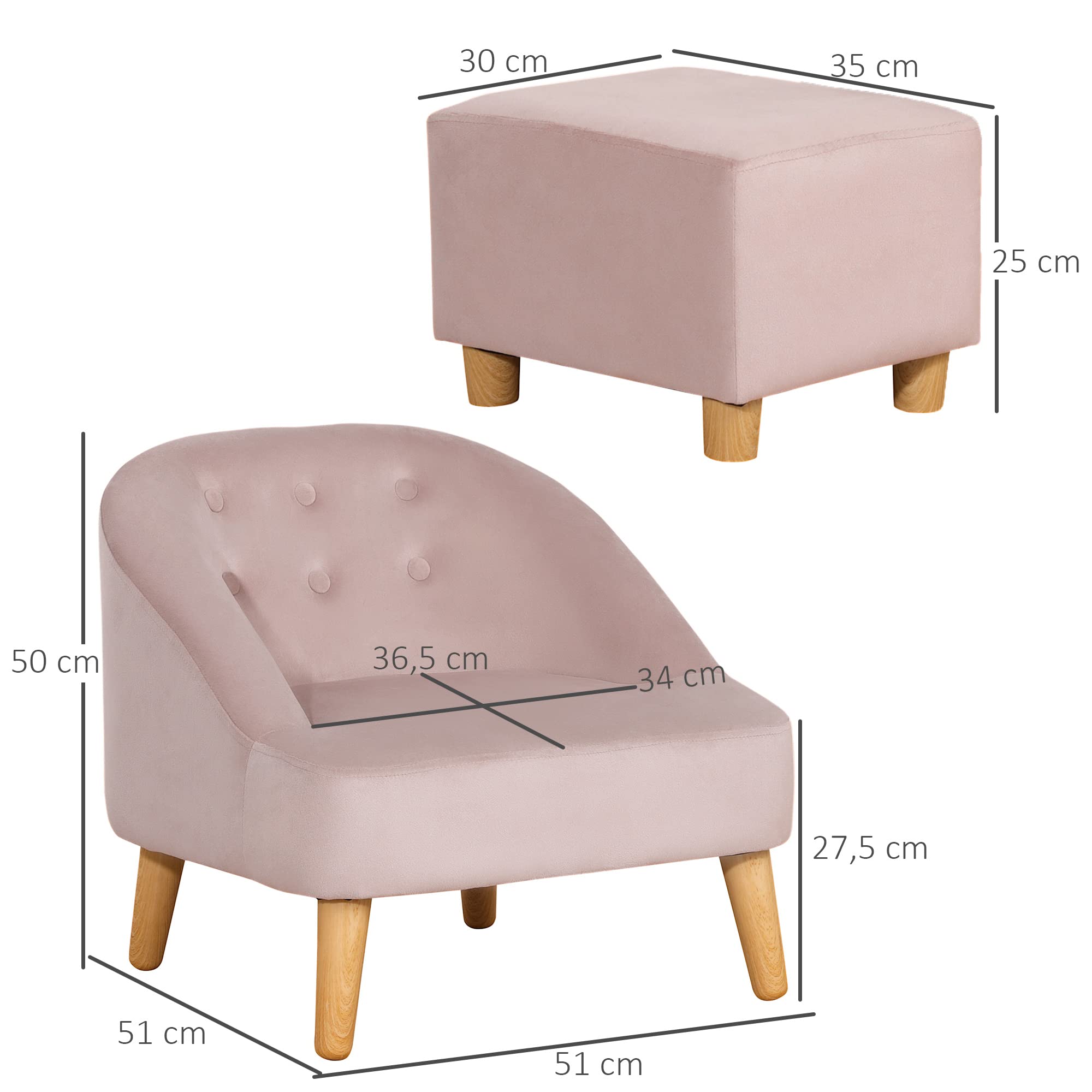 HOMCOM Krzesło dziecięce Sofa dziecięca z podnóżkiem Kanapa dziecięca od 3 lat Meble dziecięce Pokój dziecięcy Aksamitny wygląd Drewno eukaliptusowe Różowy 51 x 51 x 50 cm