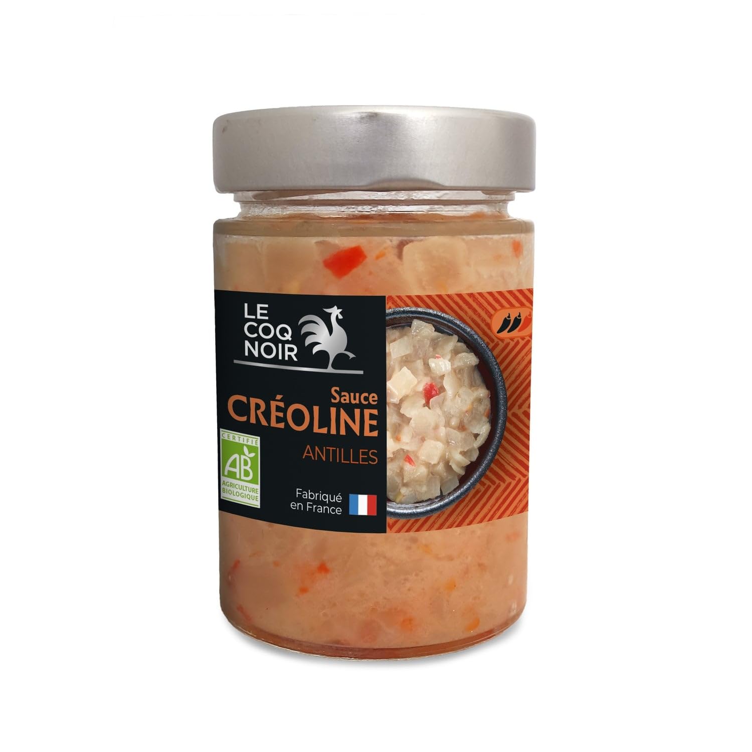 LE COQ NOIR Sauce Créoline Bio 180g - Sauce Antillaise Épicée en Bocal Verre, Fabriquée en France - Lot de 3