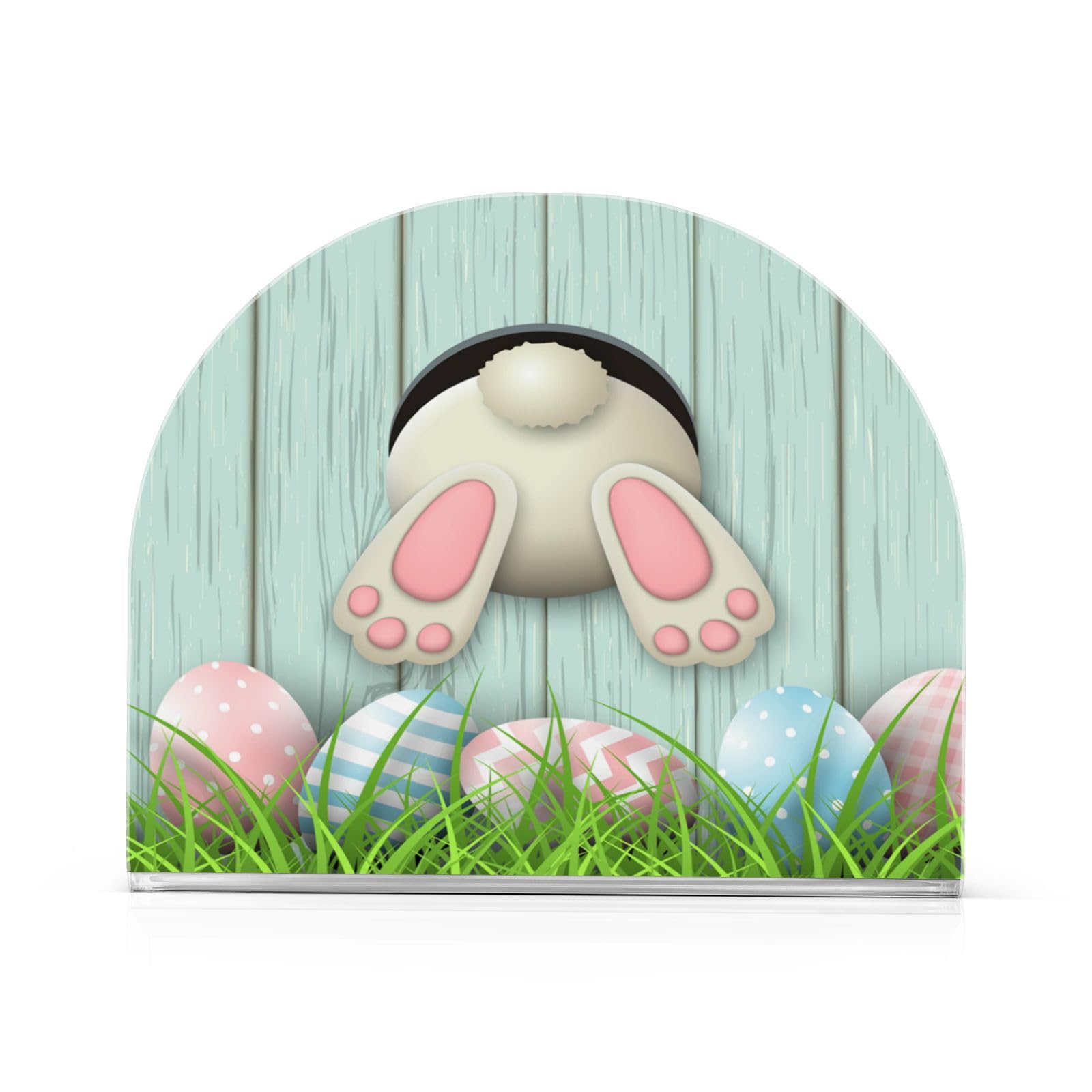 Easter Bunny White Rabbit Eggs on Green Wooden Napkin Holder, Acrylic Napkin Holders for Table Cocktail Napkins Dispenser Paper Stand for Kitchen Dining Restaurant Home Bar