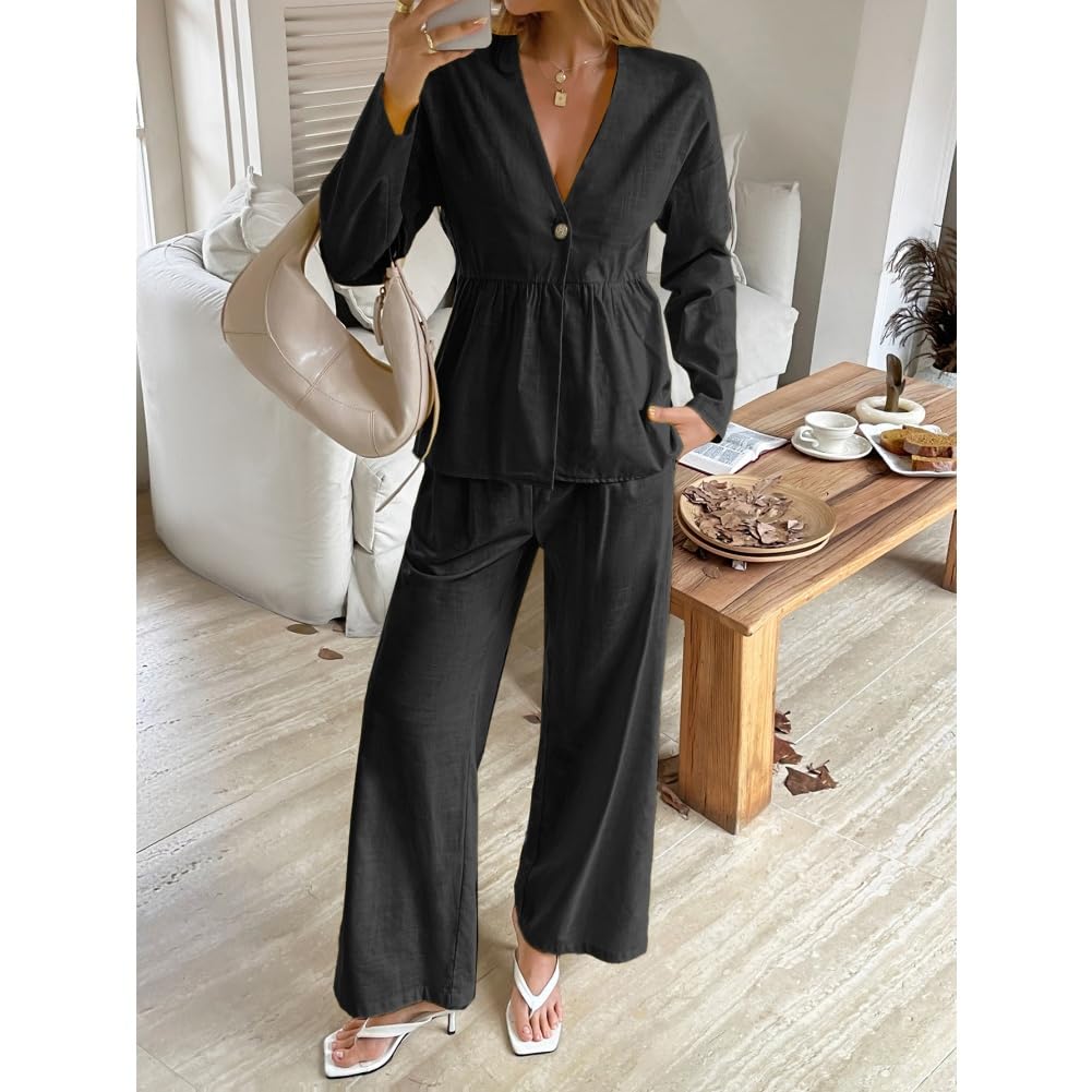 Generisch Set da donna casual in due pezzi autunno felpa con scollo a V, pantaloni larghi a gamba larga, tuta con bottoni, abbigliamento invernale