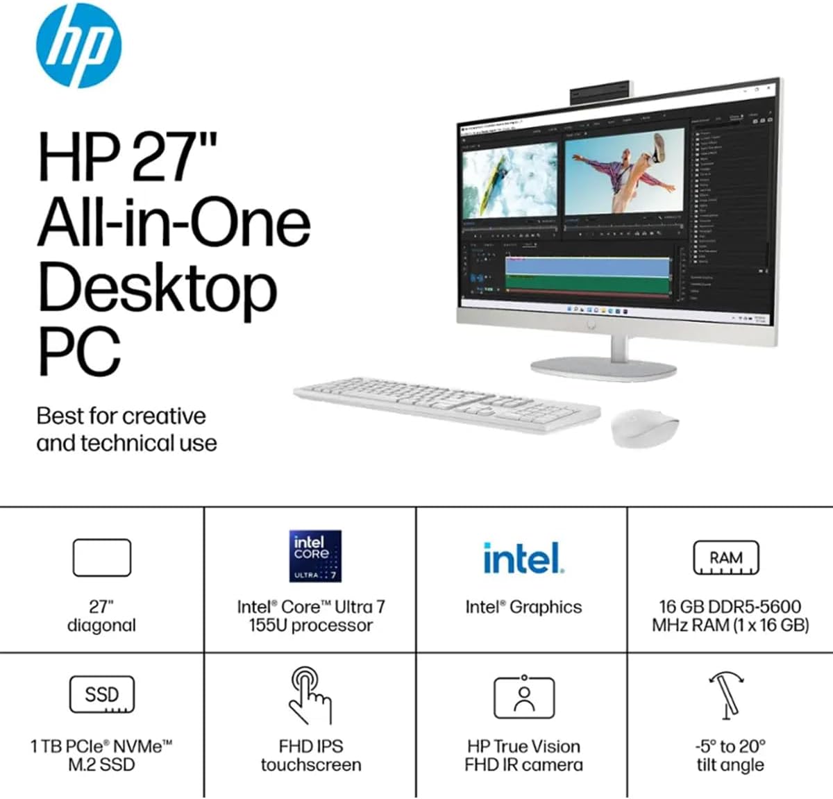 HP 27" FHD Touchscreen Business All-in-One Desktop Computer, Intel 12-core Ultra 7 155U (Beats i7-1355U), Wireless KB & Mouse, Wi-Fi 6, Windows 11 Pro, for Home or Work(64 GB RAM | 4 TB SSD)