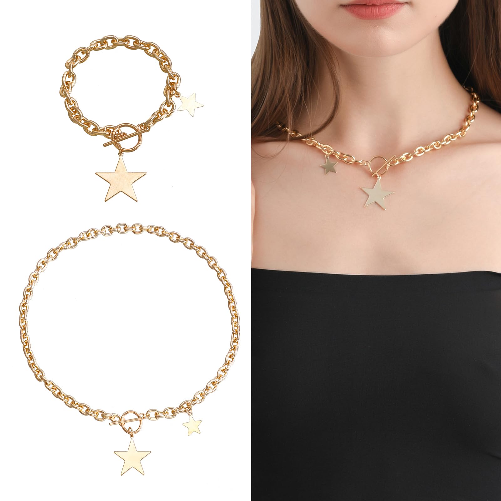 Nasfacbve Fashion Trend Light Luxury e Collarbone Chain Temperament Simple Cold Wind Five-pointed Star Bracelets Necklace, as show