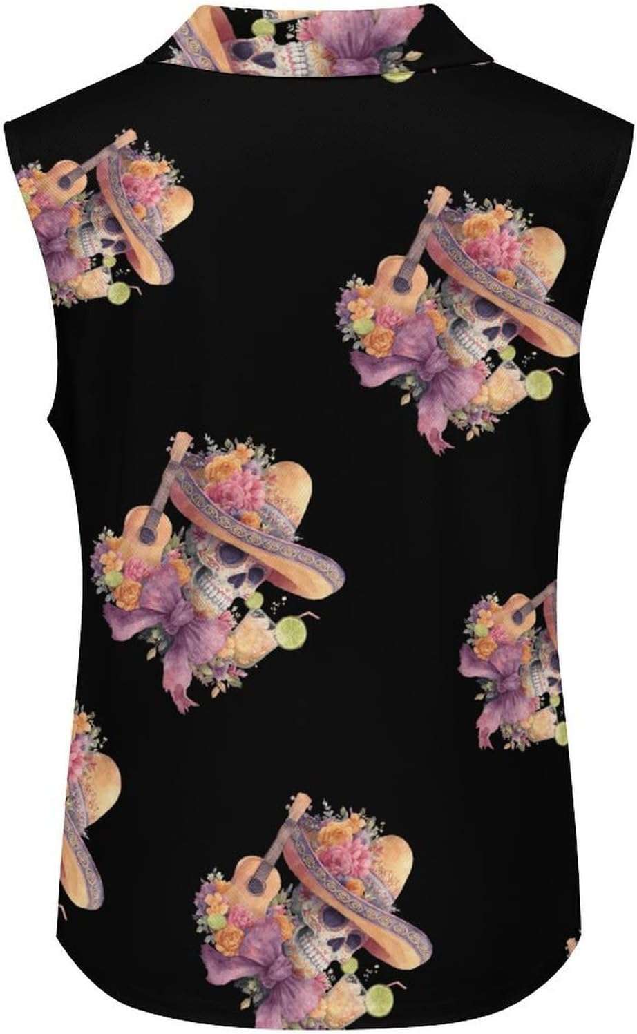 Mexican Sugar Skull Womens Sleeveless V Neck Golf Polo Shirts | Collared Tank Tops