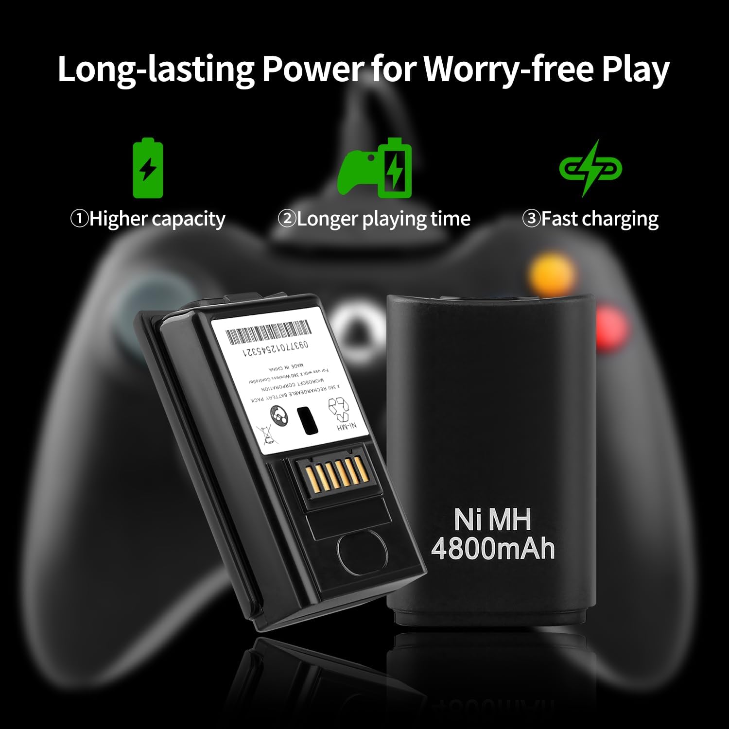 OSTENT 2 in 1 Charger Cable + Rechargeable Battery Pack for Xbox 360 Wireless Controller Color Black