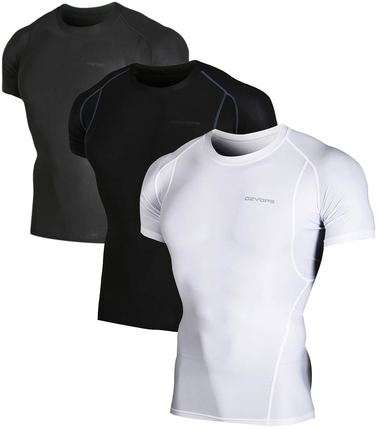 DEVOPS3 Pack Men's Cool Dry Short Sleeve Compression Shirts, Sports Baselayer T-Shirts Tops, Athletic Workout Shirt