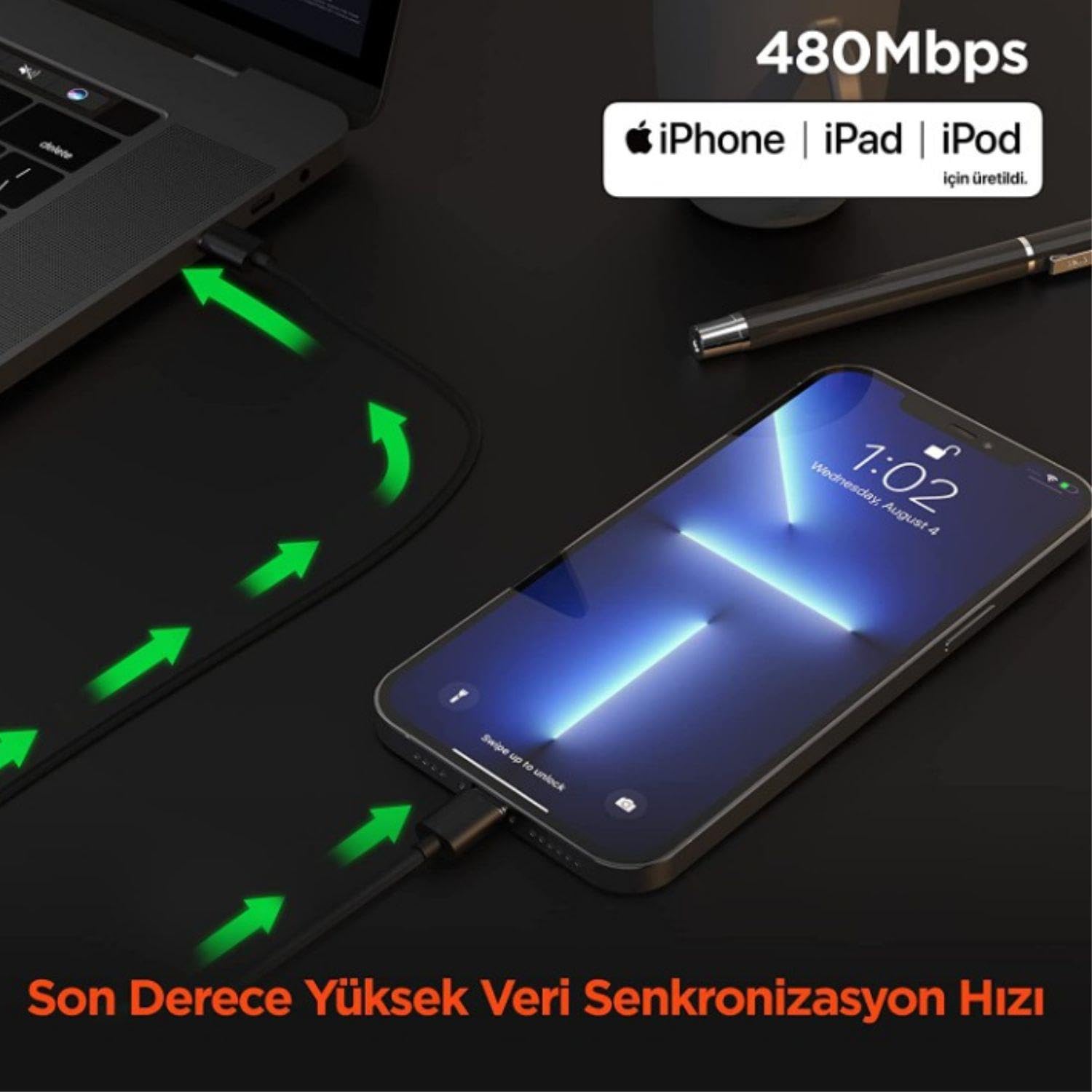 Omars iPhone Type-C to Lightning Örgülü Hızlı Şarj ve Data Kablosu - Hızlı Şarj, MFi Sertifikalı Uyumluluk, Dayanıklı Yapı