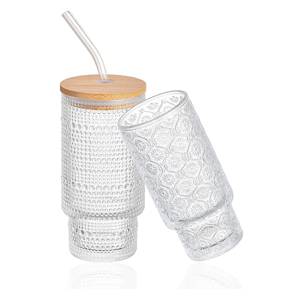 Lot de 4 gobelets empilables en verre texturé avec couvercles et pailles en bambou, 320 ml - Tasses à café glacé réutilisables pour cuisine/fête/maison, peu encombrant