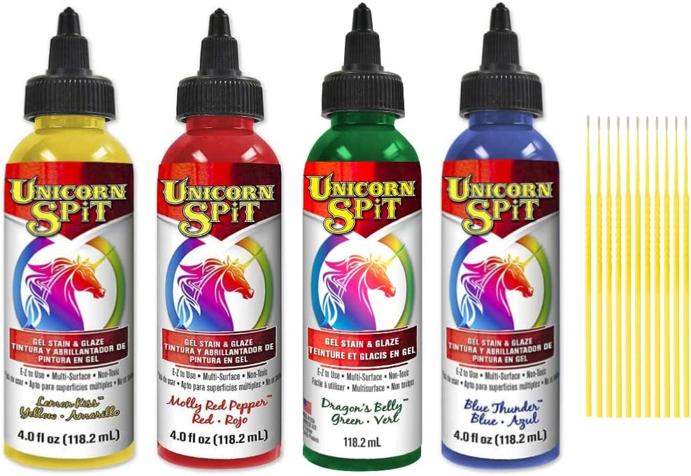 Unicorn SPiT Gel and Glaze Stain Celebration Collection: 4, 4oz. Bottles with Trebbies Detail Sticks (Zia Teal, Purple Hill Majesty, Pixie Punk Pink, Zeus Gold)