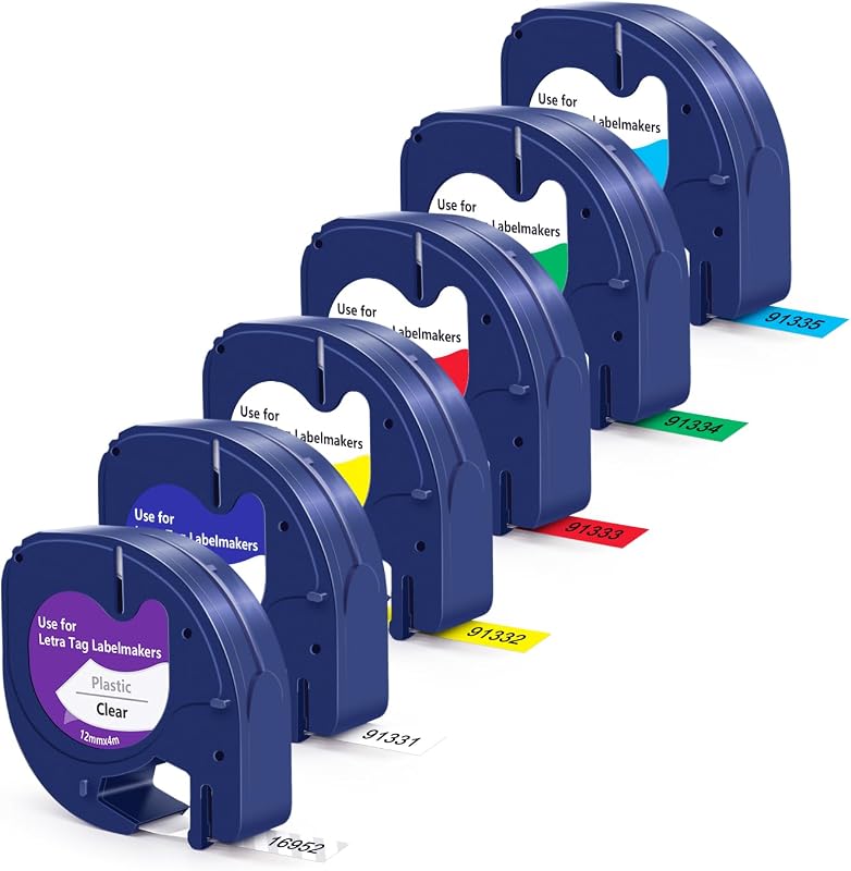 Compatible with Dymo Letratag Refills Color 1/2" x 13' Plastic 6 Pack | LT Plastic Labels White/Clear/Red/Blue/Yellow/Green Label Maker Refills 12mm x 4m for Dymo Letra Tag 100H 100T 200B QX50,