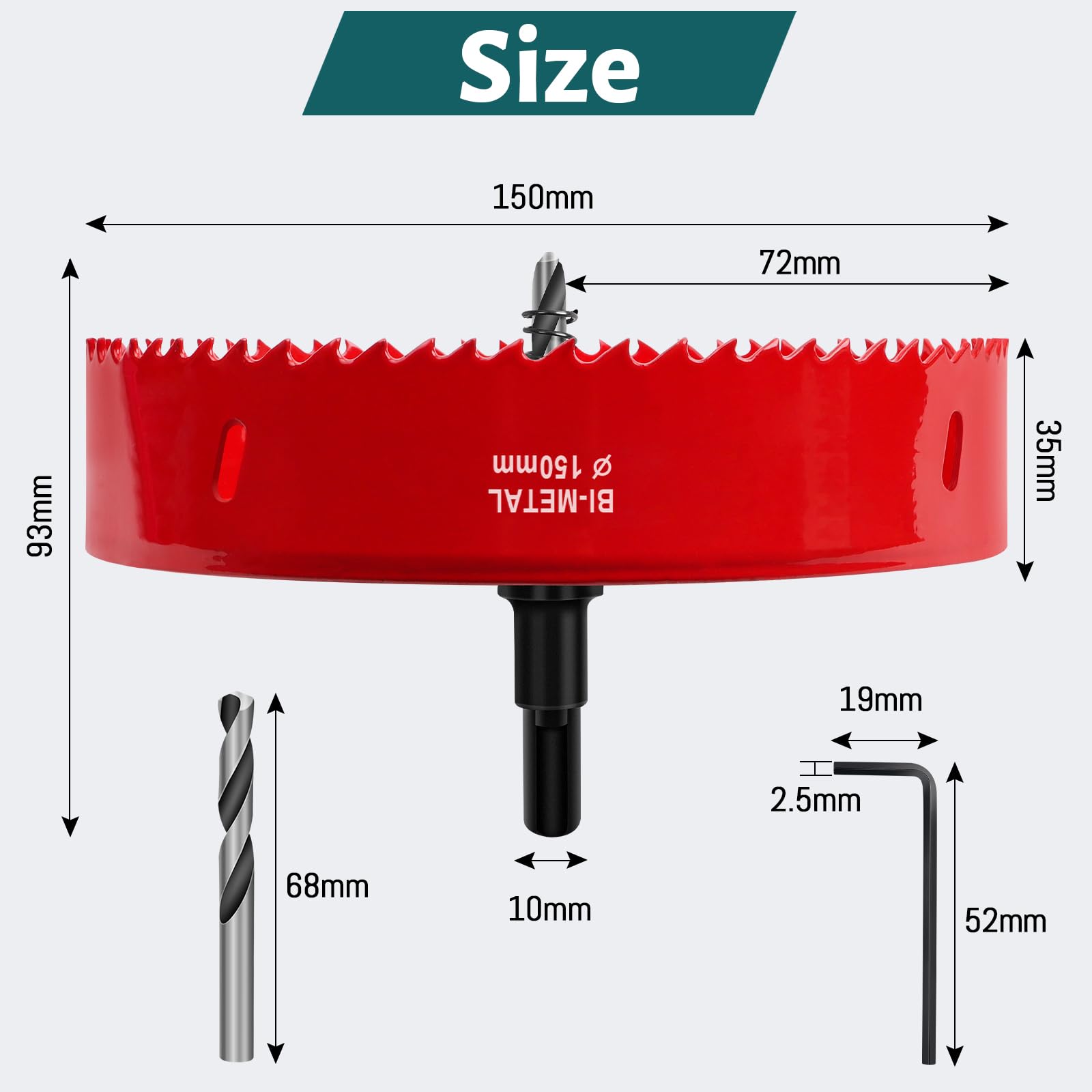 Sega a Tazza 150mm, HSS M42 Bi-Metallica Seghe a Tazza Trapano con Adattatore Esagonale e Punta di Centraggio, Sega Tazza per Legno, Cartongesso, Plastica, 1 pezzo Rosso
