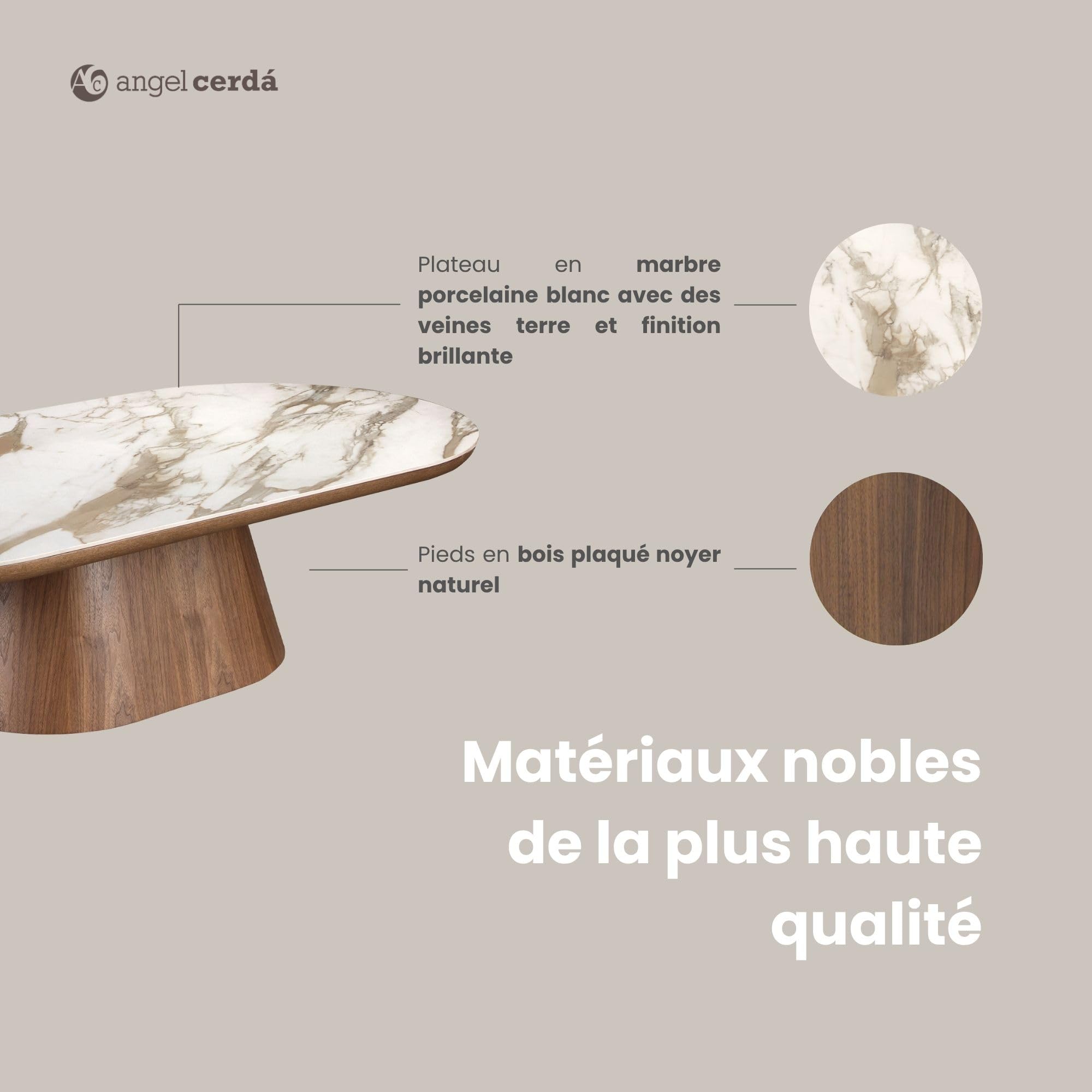 Angel Cerdá – Table Basse Design avec Plateau en Céramique Effet Marbre | Table Basse Ovale Contemporaine et Élégante | Base en Bois | Idéale pour Salon | 160 x 80 x 38 cm