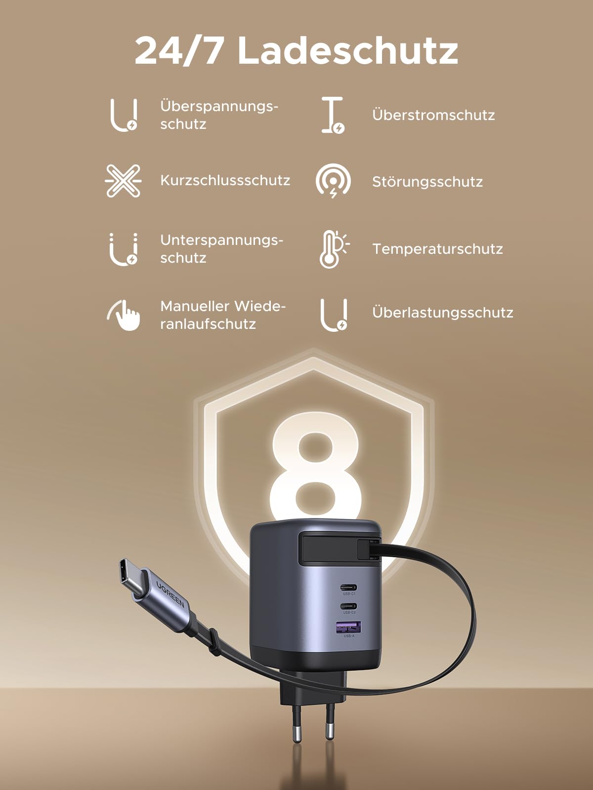 UGREEN Nexode 100W USB C Ladegerät mit Einziehbarem Kabel 4-Port GaN Netzteil Retractable Charger mit Ladekabel für Laptop kompatibel mit MacBook Pro/Air, Galaxy S-A Serie, iPhone 16-8 Serie, iPads
