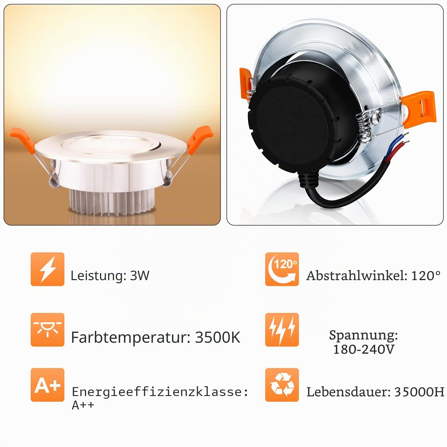 Fiqops LED Einbaustrahler 230V 20 Stück,LED Spots 3W warmweiß schwenkbar,Flach Deckenspots flach Deckenleuchte 68mm EinbauØ 40mm Einbautiefe für Badezimmer Kche Wohnzimmer Korridor