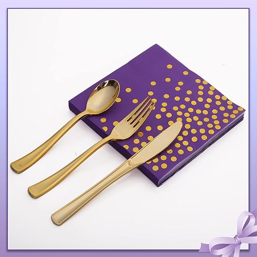 Miniatura 7 de 175 piezas de decoraciones de fiesta moradas y doradas, juegos de platos, tazas y servilletas moradas, platos desechables dorados para suministros