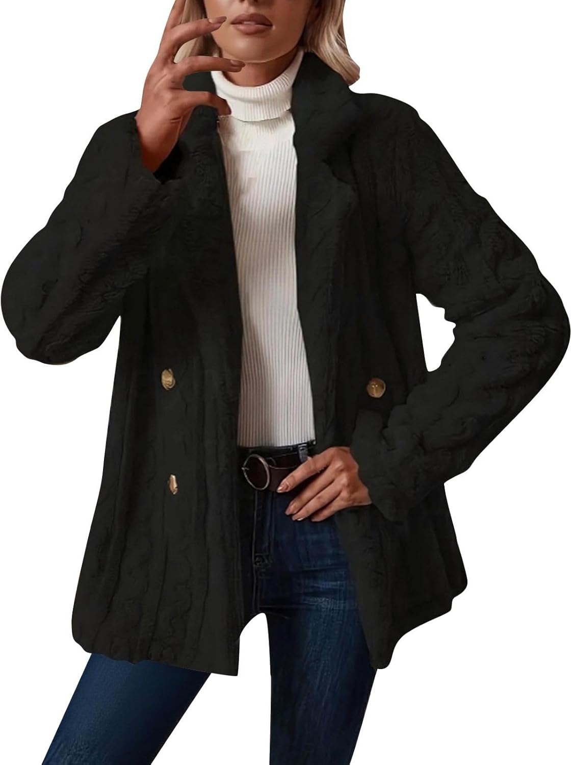 2025 Winter Women's Faux Fur Warm Outwear Jackets Double Breasted Lapel Neck Coat Fuzzy Fleece Long Cardigan Tops