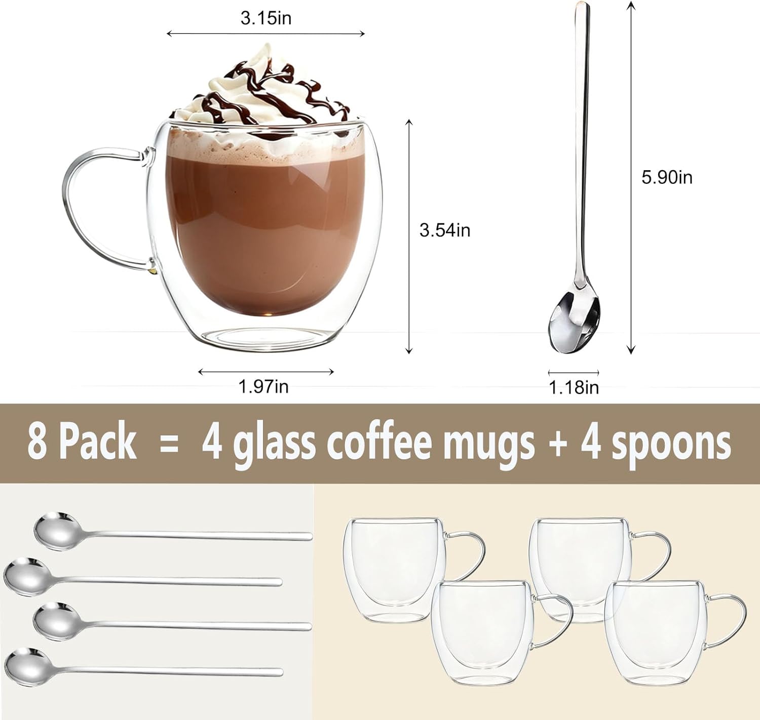 dingpal 4 pack 8oz double wall glass coffee mugs,heat-resistant borosilicate glass mug cappuccino espresso tea latte cup with handle,4 spoons for stirring beverages in bar,cafe,or at home 8oz/250ml