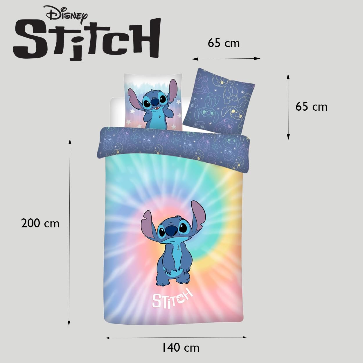 Stitch Tie-Dye Housse de Couette 140x200 + Taie Polycoton Pastel | Parure de lit réversible 1 personne | Polycoton entretien facile | Disney Lilo & Stitch | Ado | Cadeau | Lavable en machine