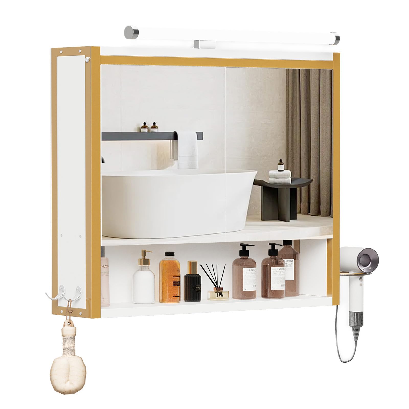 ELUCHANG Spiegelschrank Bad mit Beleuchtung,LED Spiegelschrank Bad 60x60x15cm, E1 MDF+Metall Badezimmerschrank/IP44/Verstellbaren Ablagen, Haartrocknerhalter+Haken,Weiß/Golden