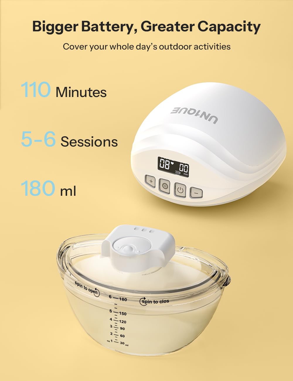 UN1QUE Professional Wearable Electric Breast Pump for Feeding Mothers, Hands Free Electric Breast Pump, BPA Free, 3 Pumping Modes & 9 Levels, Smart LED Display, 180ml Milk Cup -1 Pack 3