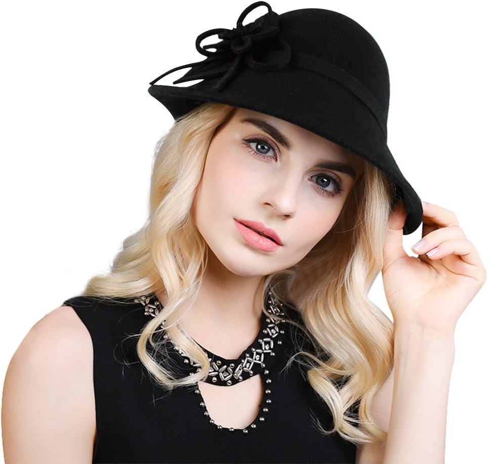 Bellady Women's Elegant Flower Wool Cloche Bucket Bowler Hat