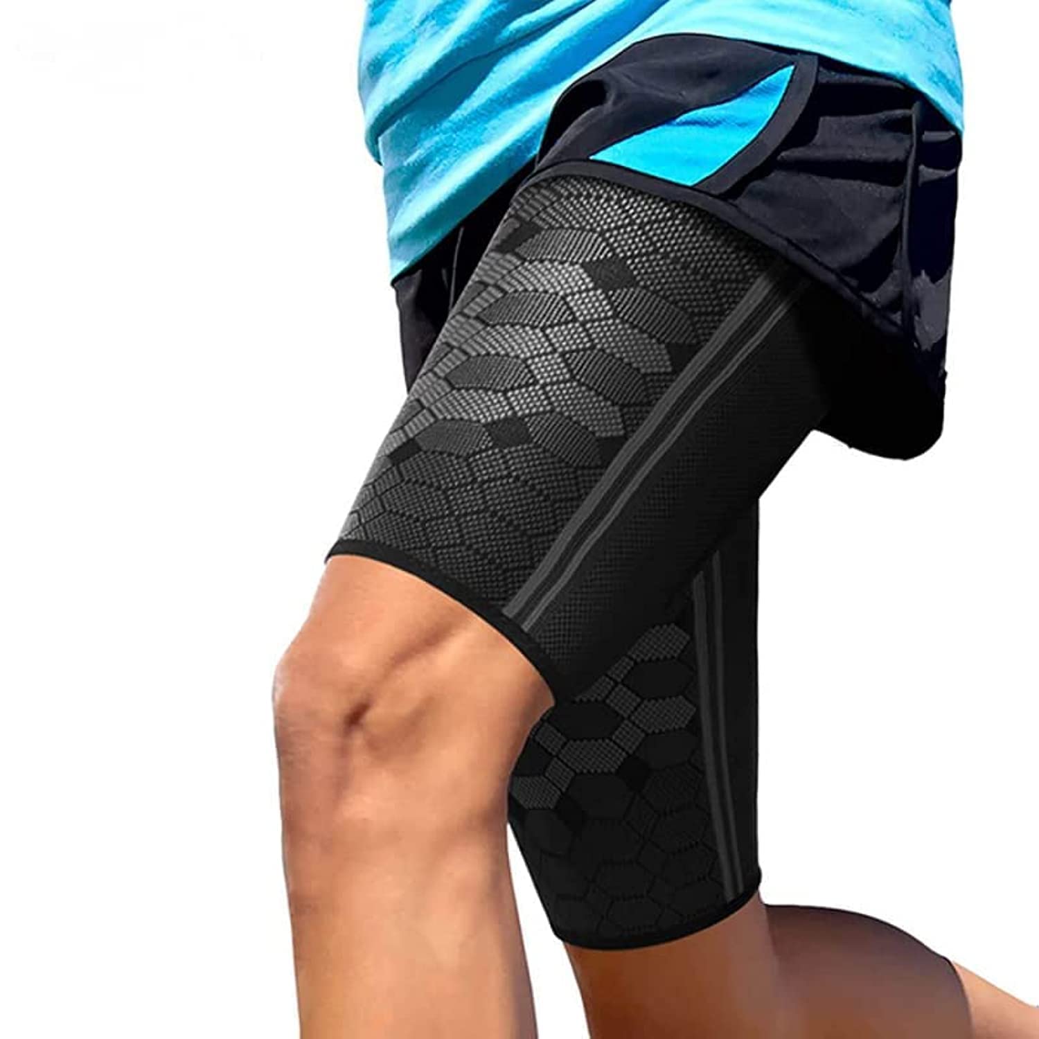 Thigh Compression Sleeves (1Pair), Compression Sleeve for Quad & Groin Relief & Recovery, Thigh Brace Support Anti Slip Upper Leg Sleeves for Men and Women,Great for Running (Large, Black)