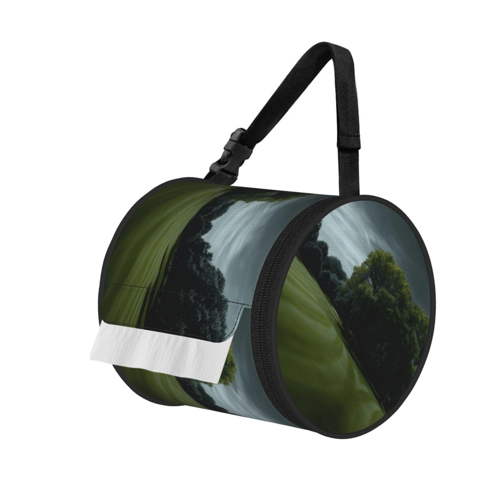 Golf Course Lawn Printed Cylindrical Tissue Bag Portable Oxford Cloth, Foldable Travel Tissue Holder With Zipper And Adjustable Belt