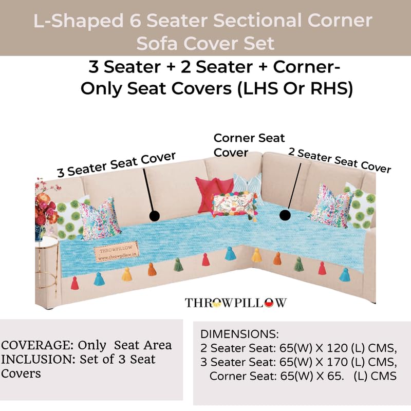 Image of Blue Sofa Cover Multicoloured Tassels:Corner Couch Cover: Thick Fabric, Scratch & Paw Resistant, Corner Sofa Cover, Designer:Fits 3+2 Seater+Corner Sofa, Coverage: Seat- Set of 2 Seat Covers