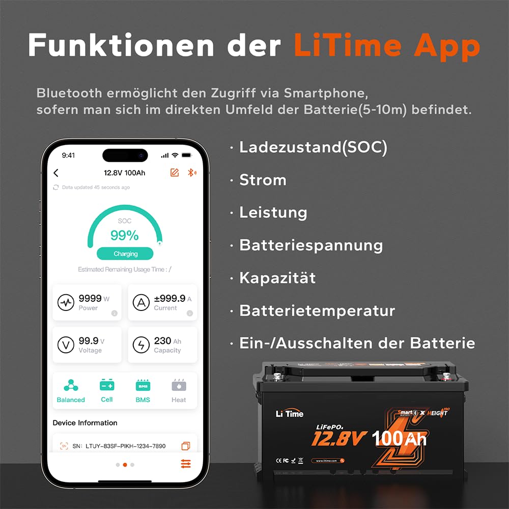 LiTime 12V 100Ah LiFePO4 Batterie Bluetooth H190, Wohnmobil-Untersitz DIN H8 L5 Größe Gruppe 49, 100A BMS 1280Wh Lithium Akku Tieftemperaturschutz Max. 15000 Zyklen, Perfekt für Camping, RV