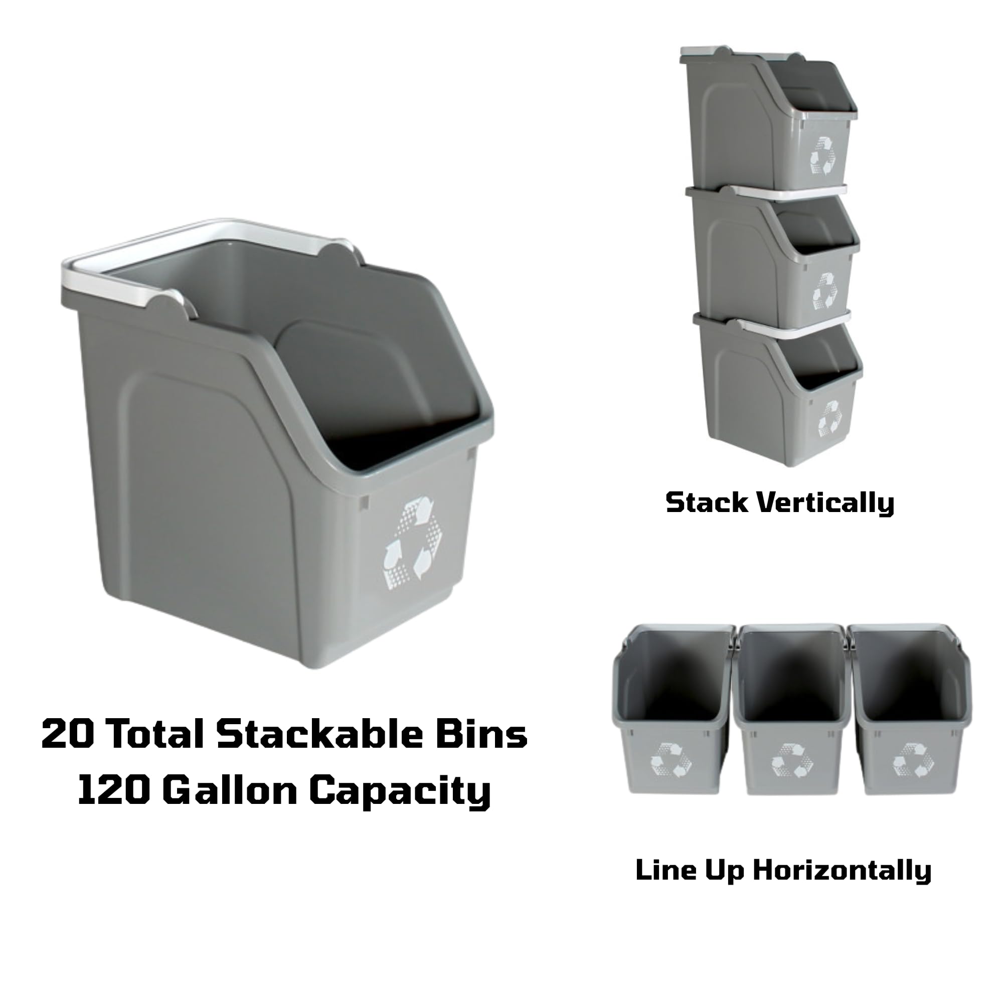Sturdy Essentials 6 Gallon Stackable Recycling Bins for Homes, Garages, Offices Made of 100% Recycled Plastic - (Grey, 20 Pack)