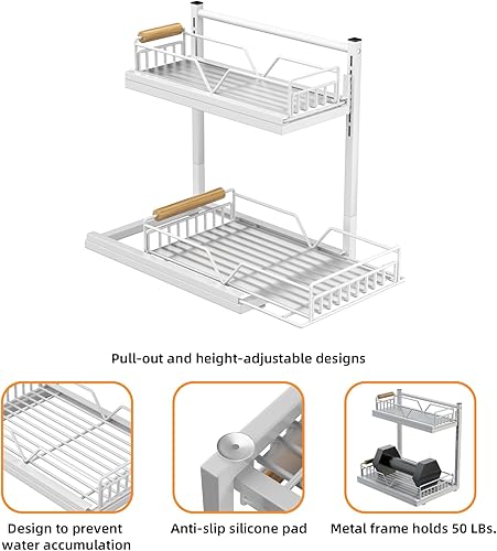 Miniatura 6 de Organizador para debajo del fregadero, organizador de armario extraíble de 2 niveles de altura ajustable con cajón deslizante, almacenamiento debajo