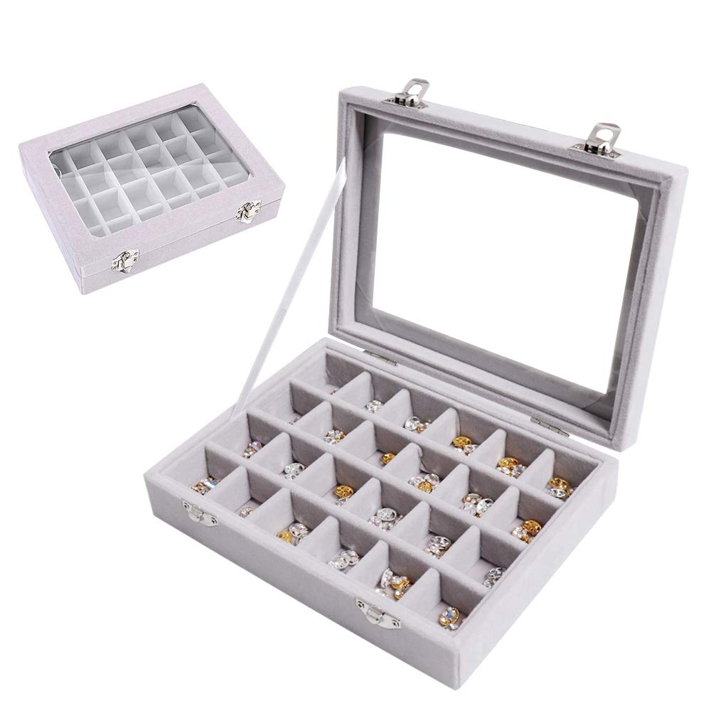 Gift Box Jewelry Organizer Storage Ring Earring Boxes 24 Grids, Travel Small Jewellery Velvet Case Display with Mirror for Girls, Women - Grey