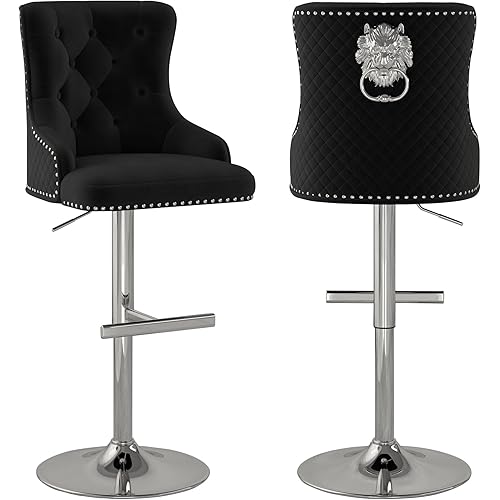 Velvet Bar Stool Set of 2 Lion Pull Ring Swivel Chair for Kitchen Counter Nailhead Upholstered Barstools Height Adjustable Barstools with Chrome Base for Dining Room Kitchen Black