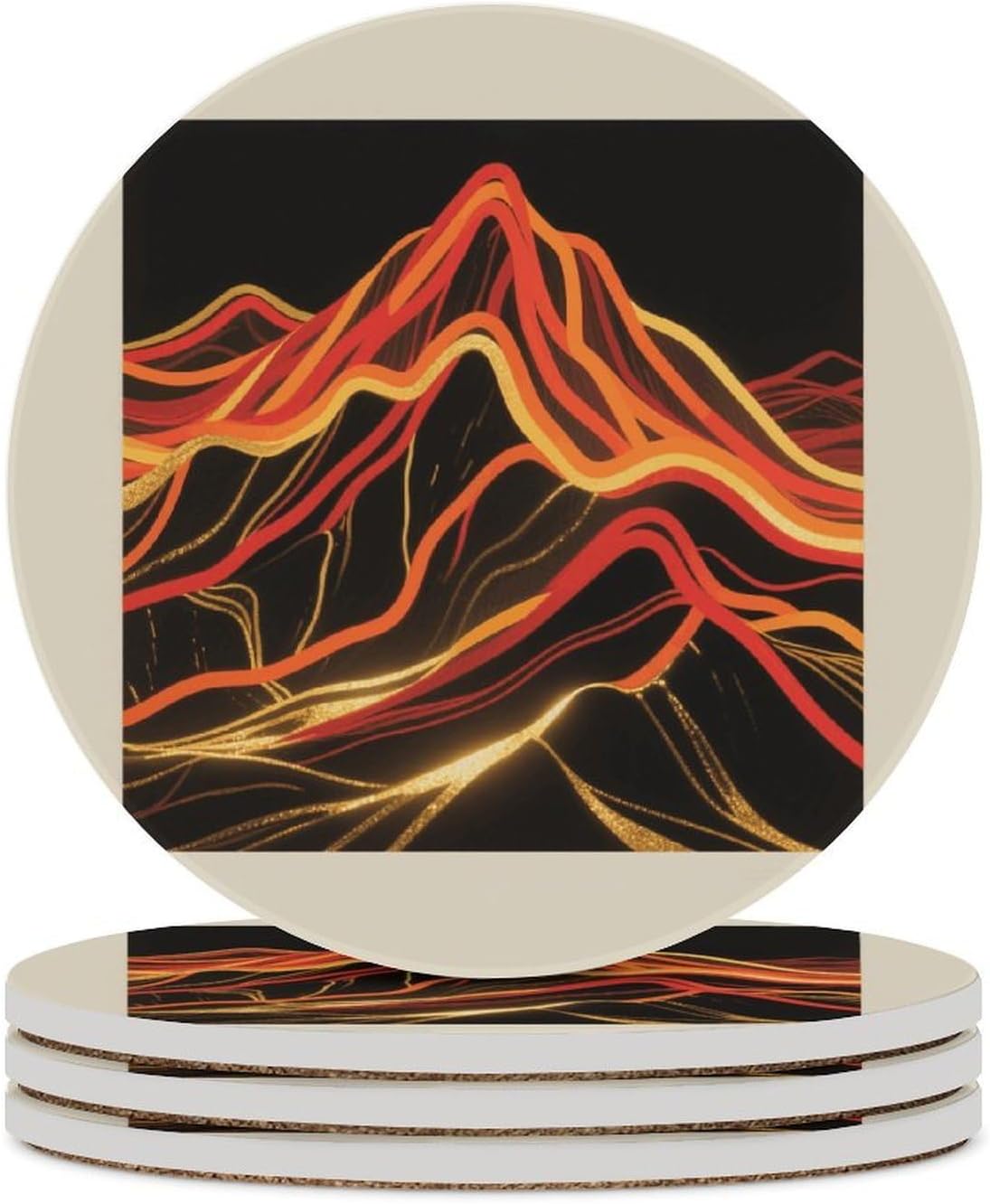 6PCS Abstract Mountain Coasters Non-Slip Round Drink Coasters with Ceramic Stone and Cork Base, Heat Resistant Absorbent 33.00Stone Coaster Set for Kinds of Mugs and Cups, 4 Inch