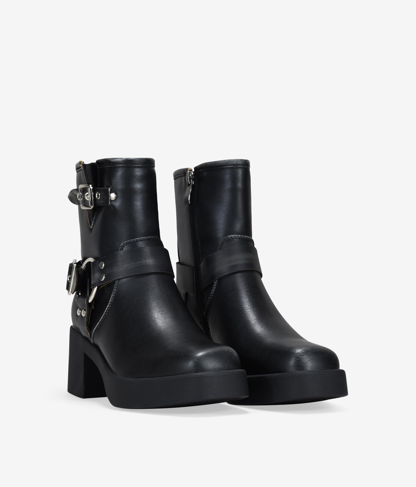 BOSANOVA Damen-Stiefel mit niedrigem Absatz, dekorative Metallschnallen, breiter Schaft, quadratischer Schaft, Plateau-Sohle, 5,5 cm breiter Absatz, ohne Verschluss
