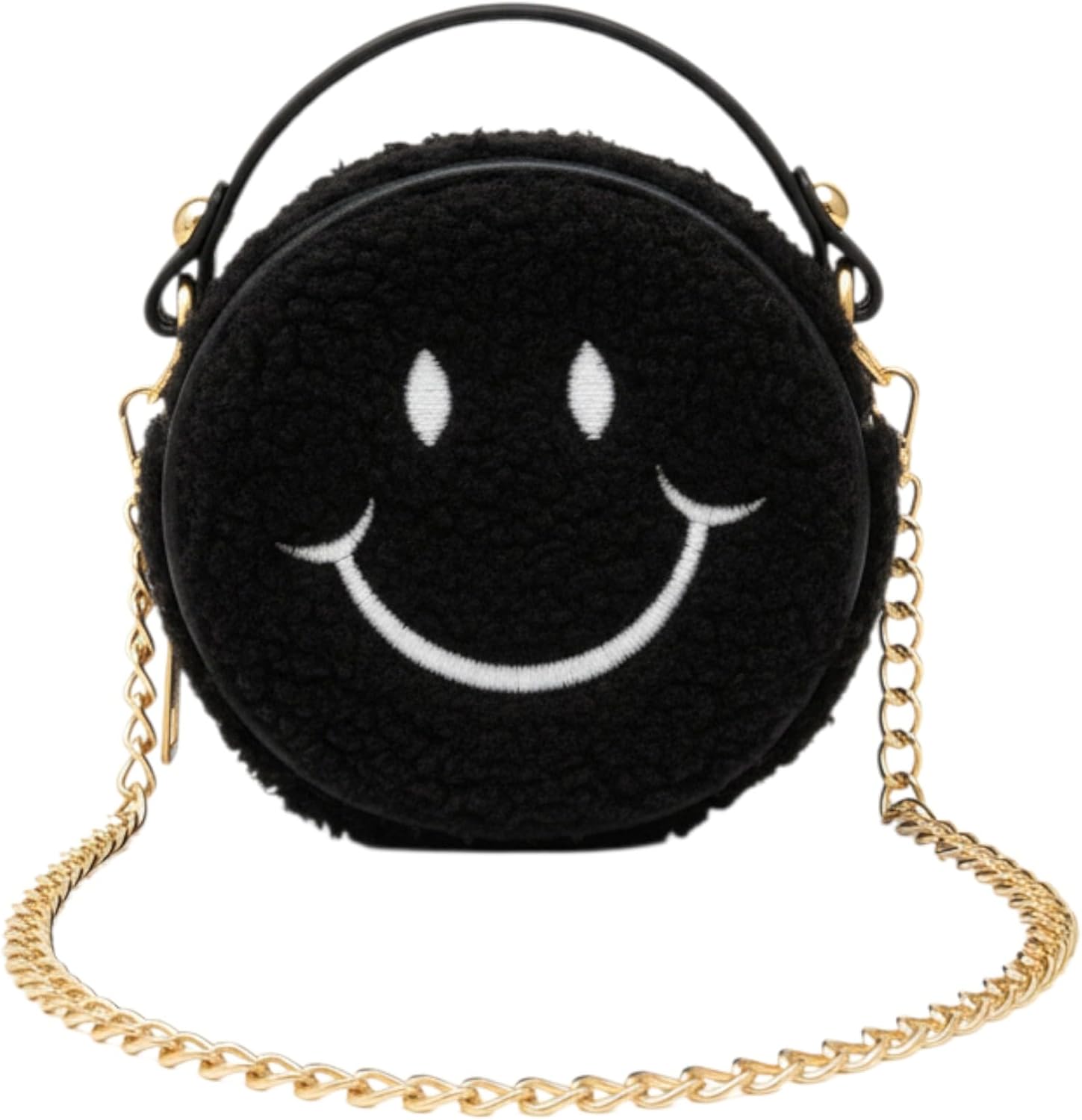 Cute Sherpa Smile Face Round Mini Crossbody Bag, Fuzzy Teddy Fleece Small Pouch Handbag, Smiley Circle Purse