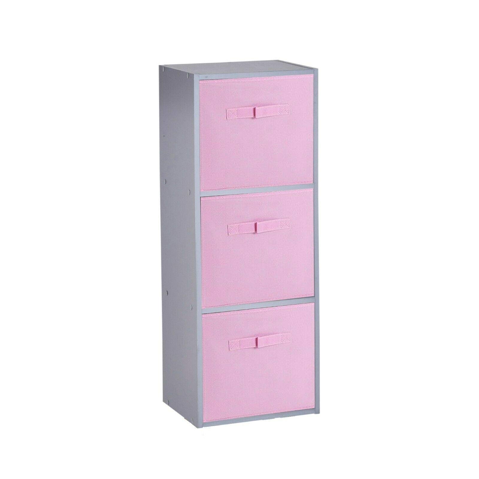 URBNLIVING Wooden Bookcase Grey 3 Tier + 3 Light Pink Drawer
