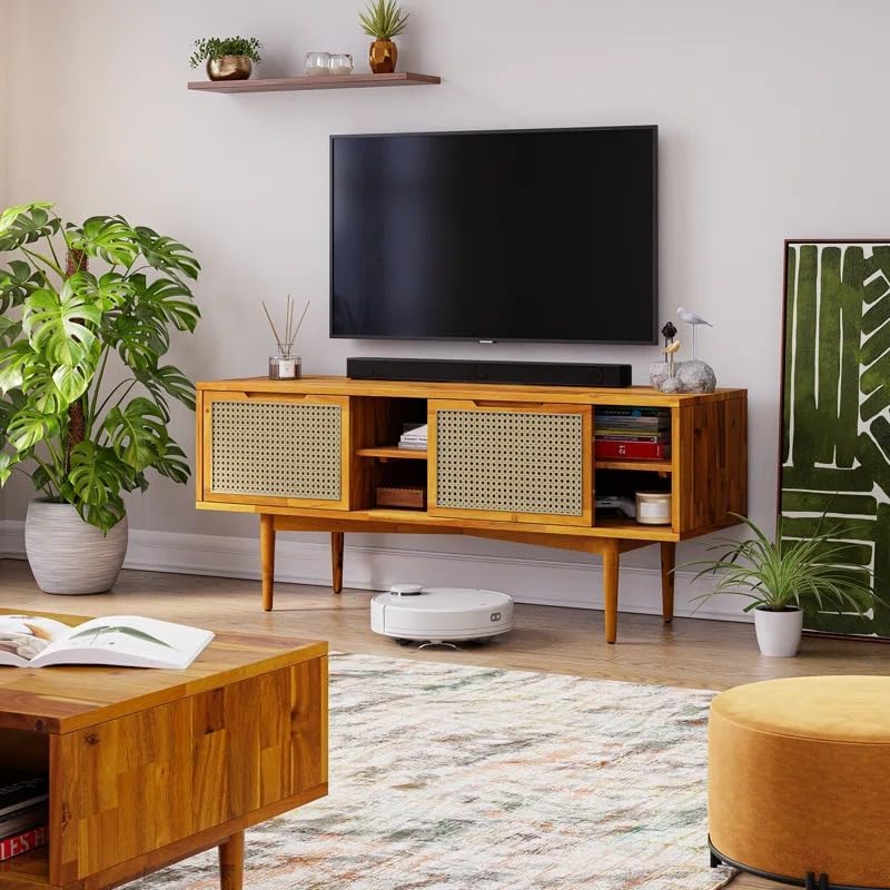 Image of MISAN Modern TV Table | Solid Sheesham Wood Sideboard TV Unit for Living Room, Bedroom, Office Furniture Stand | Wooden Free Standing Entertainment Unit Side Board Table with Storage (D-Hony)