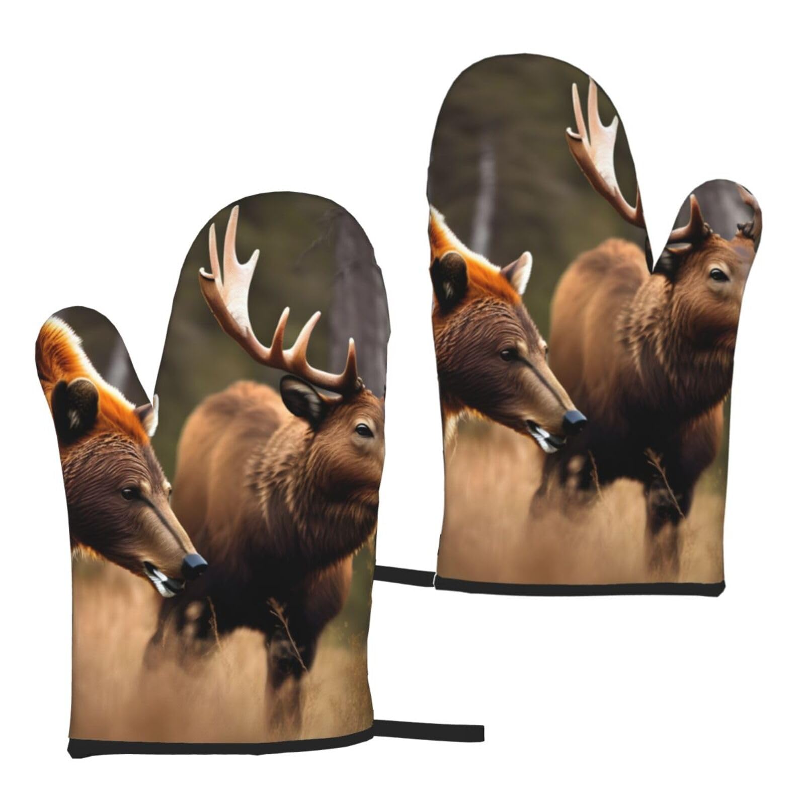 Nimongt Women's Black Wildlife Hunting Deer Bear Elk Print Adults Universal Fit Heat Resistant Oven Gloves Reusable Cooking Outdoor Grilling