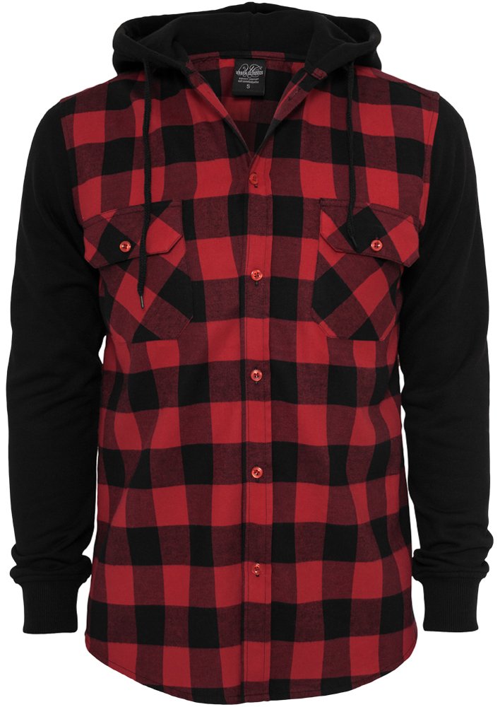Urban Classics A Cuadros Franela con Capucha Hombre Camisa de Franela Negro/Rojo Regular
