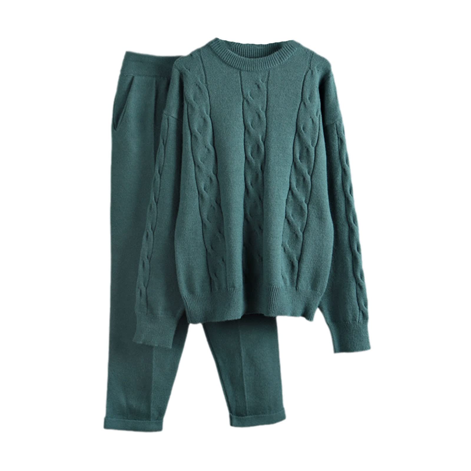 Fall Winter Womens 2 Piece Pants Set Crop Top Sweater Cashmere Sports Knit Activewear