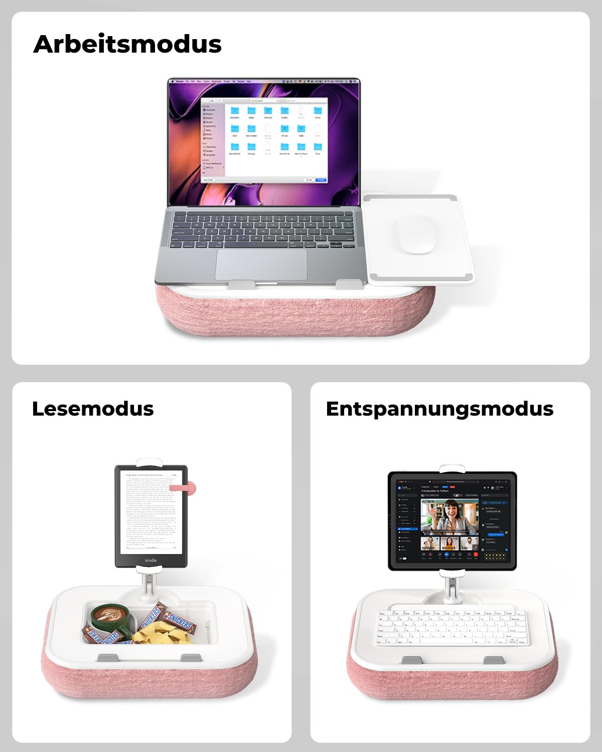 SupeDesk Supporto per Kindle, supporto per tablet, supporto per Kindle, compatibile con cellulare da 4,7 – 15", supporto per laptop con tappetino per mouse, snack, portabicchieri e braccio girevole a