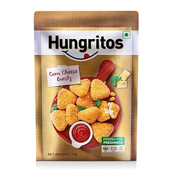 Hungritos Corn Cheese Burstz | 45% Real Cheese | Crispy and Cheesy | Anytime cravings | Party Appetizer | Evening Snack | Zip Lock Seal Pack | Frozen Veg Snack | Ready-to-Cook | 210g - image, photos