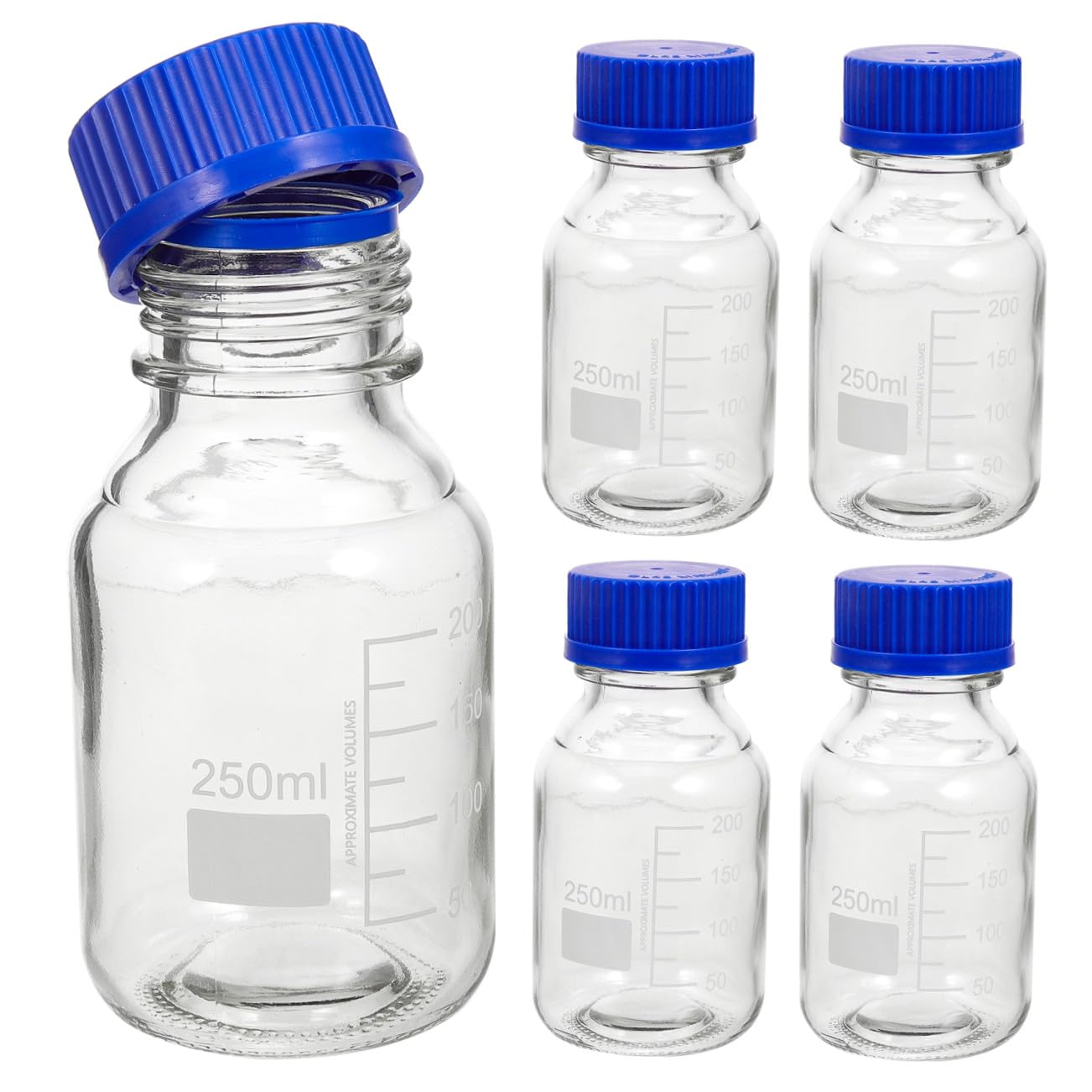 MAGICLULU Set 4 Bottiglie di Vetro Graduato da 250ml con Tappo a Vite Blu, Resistenti Agli Urti e Lavabili, per Laboratorio e Conservazione Reagenti in Ambienti Chimici