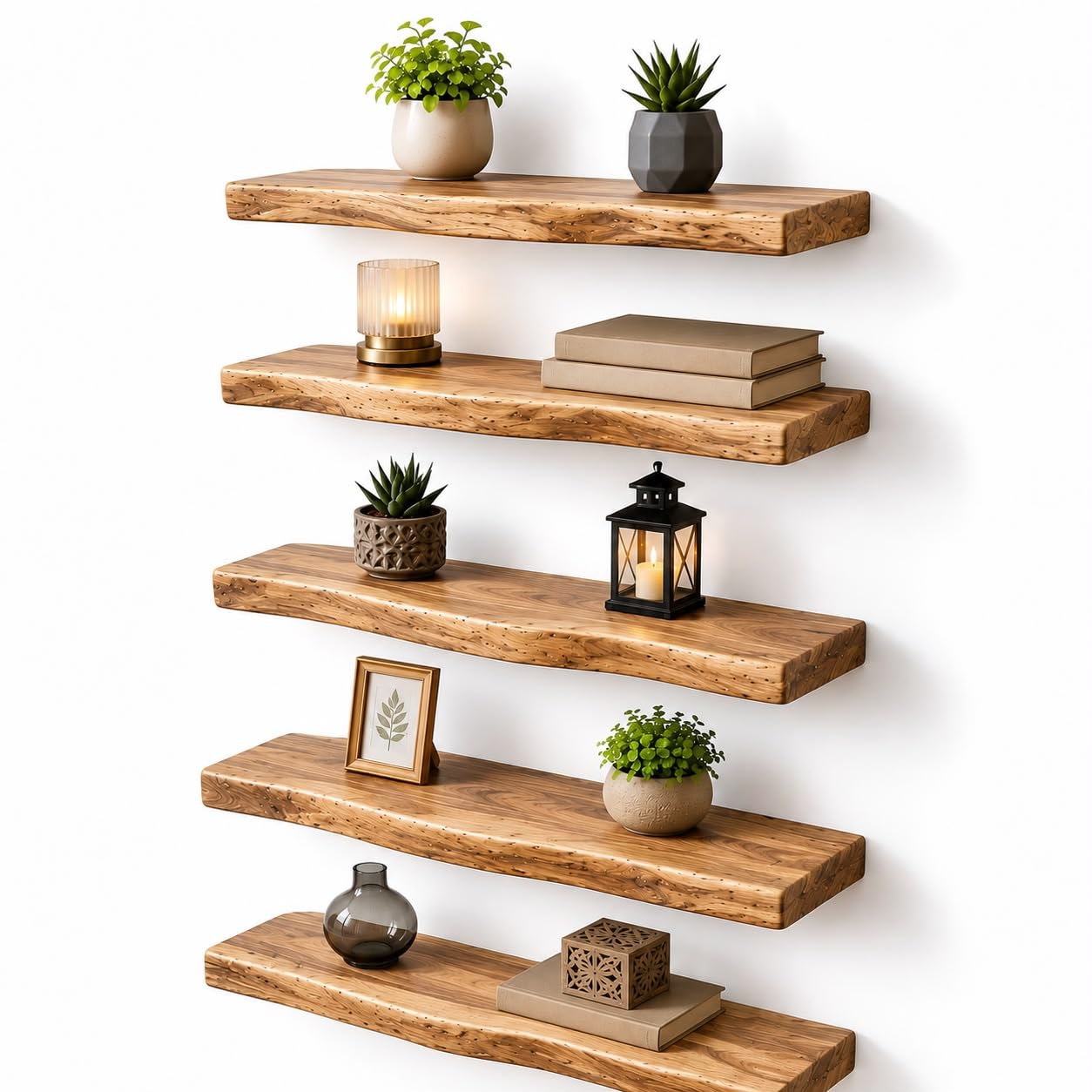 Dreamy design Live Edge Wall Shelves Set of 5 | Acacia Wood for Living Room, Bedroom, Kitchen, Bathroom & Home Décor | Wall Mounted Display Shelf-image-28