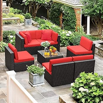 Alternative view of Rankok 7 Pieces Patio Outdoor Furniture Set Wicker Modular All-Weather Sectional Patio Sofa PE Rattan Conversation Set with Cushions and Tea Table (Red)