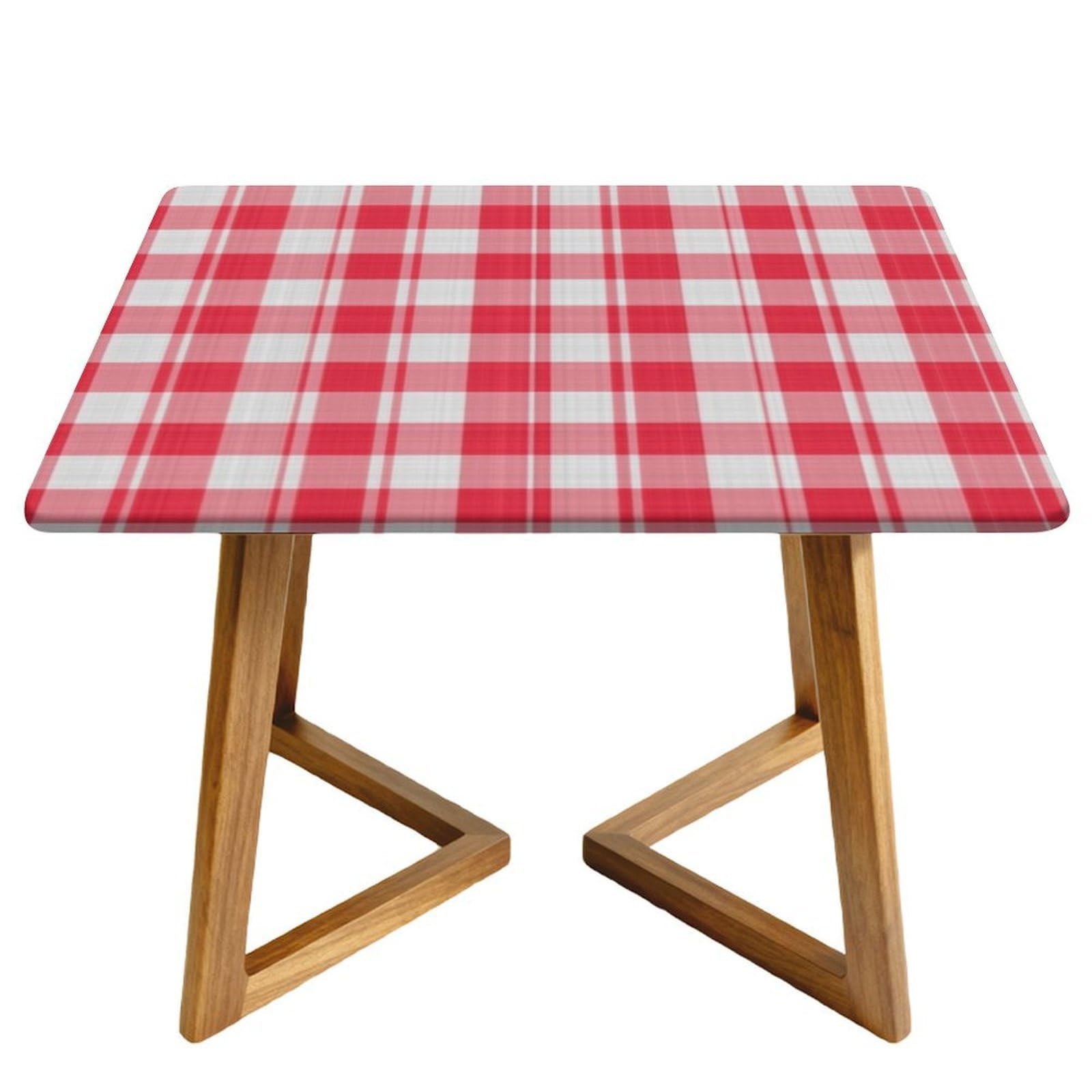 Highdi Waterproof Square Tablecloth Cover - Oxford Cloth - Elastic Fitted for Kitchen/Garden Rectangular Tables, Stain-Resistant Wipe-Clean Plaid Printed Table Cover (Light Red,110cm)
