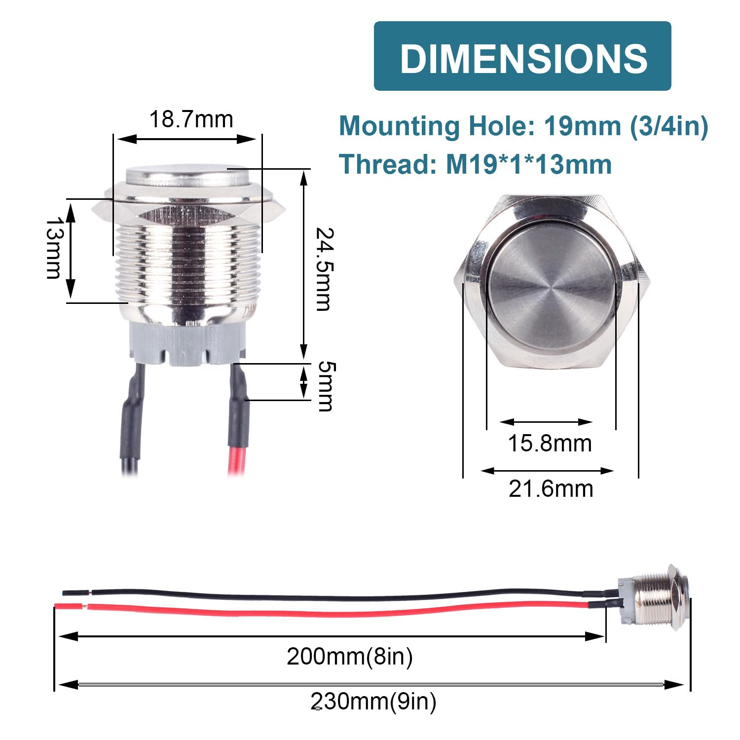 5pcs 19mm Momentary Metal Push Button Switch High Round Head with Pre-soldered Cable 3/4" Mounting Hole 1NO 12V 24V 36V 110V 220V Waterproof IP66 Without LED (Silver Shell)