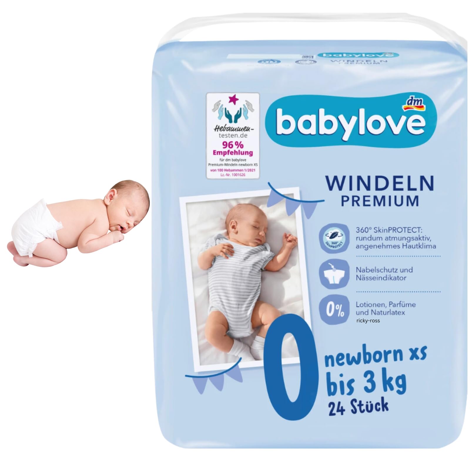 babylove Nappies Premium Extra Soft Size XS Newborn up to 3 kg Pack of 24